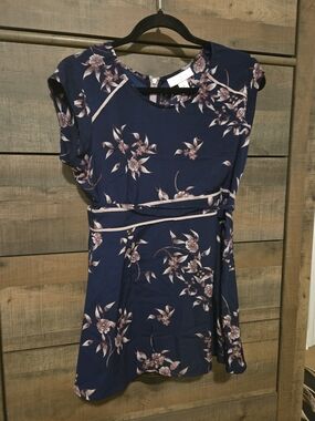 Motherhood Navy Floral Top with Blush Trim